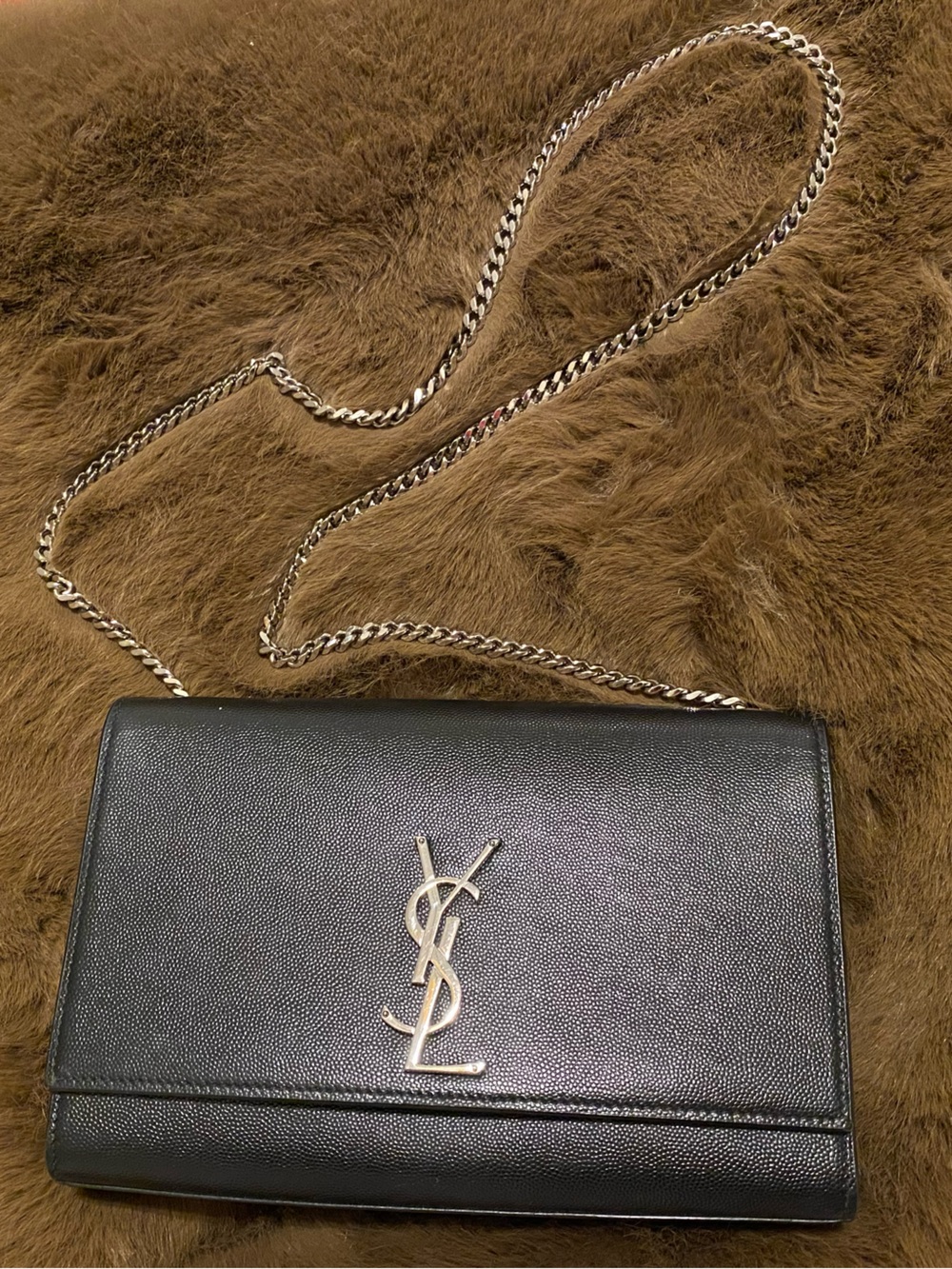 Saint Laurent Black Leather Crossbody with Silver Chain and YSL Logo